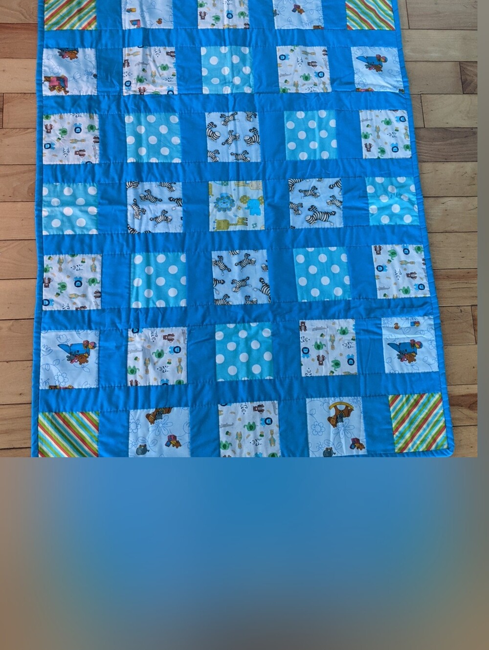 🆕Handmade Blue Patchwork Baby Quilt - Playful Polka Dot & Animal Prints